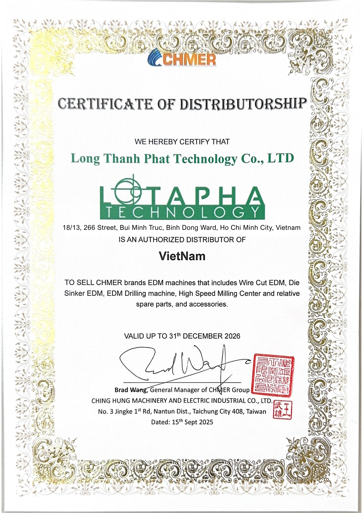 NHÀ PHÂN PHỐI ĐƯỢC ỦY QUYỀN TẠI VIỆT NAM CỦA CHMER